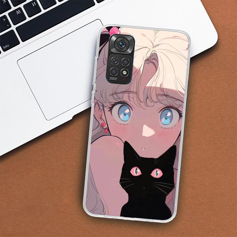 Чехол для телефона Anime Girls Cute Black Cat для Xiaomi Redmi Note 12 12S 11 11S 10 10S 9 9S 11T 11E Pro Plus 8 8T 7 5 9T + чехол-коробка