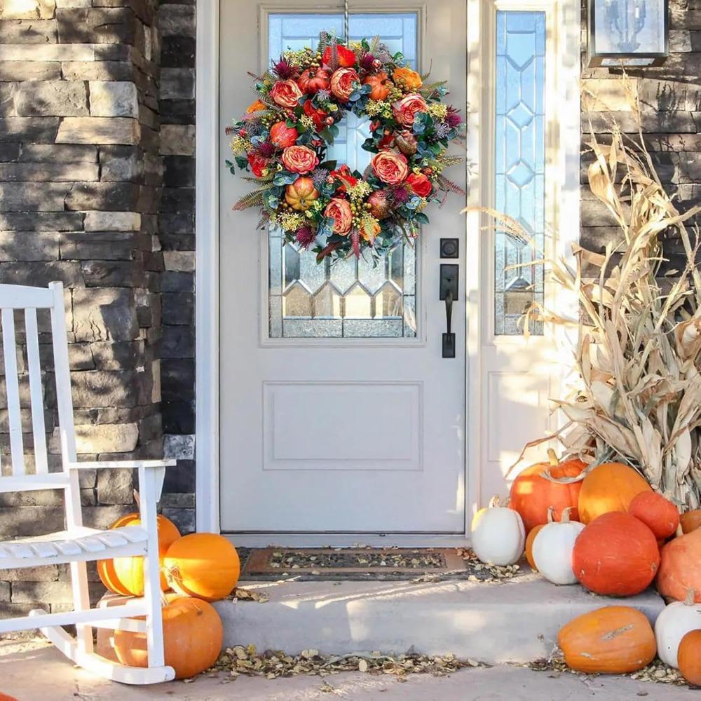 Fall Peony and Pumpkin Wreath,Year Round Wreath, 2025 New Reusable Pumpkin Fall Wreaths,Autumn Maple Leaf and Berry Decor,for Thanksgiving, Halloween