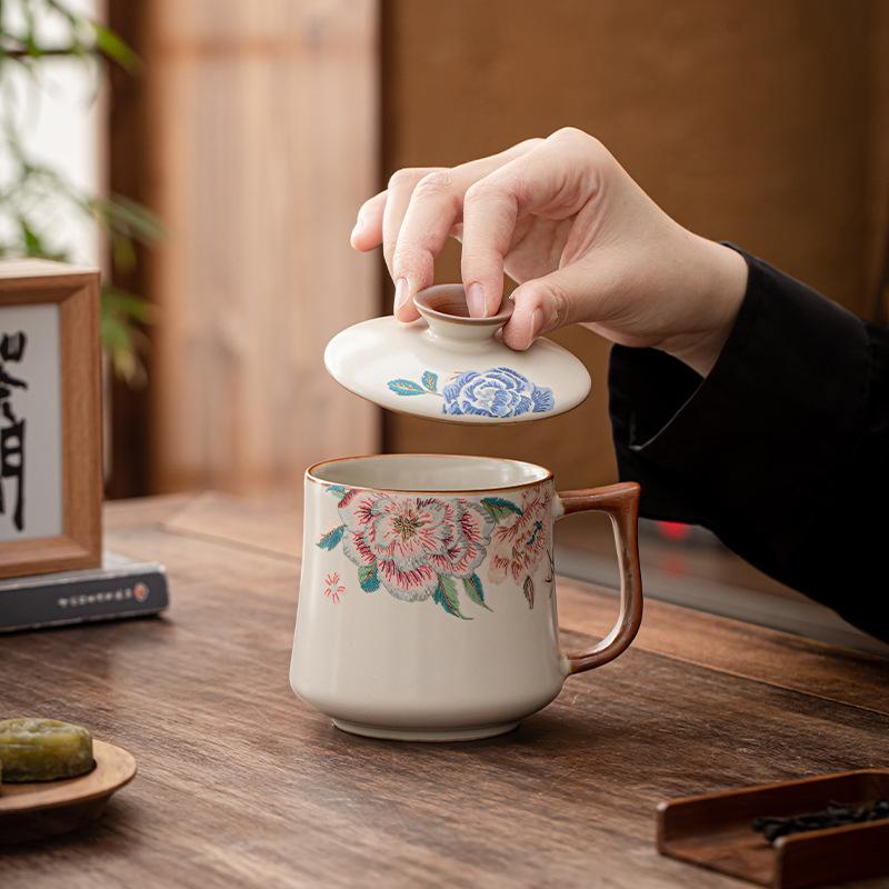 High-value Ru kiln ceramic office cup household tea drinking water cup tea cup with lid mug gift box set gift