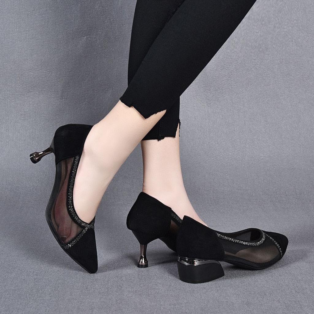 Весенне-осенние новые сетчатые туфли-лодочки черная овчина стразы женские туфли с острым носком на плоской подошве на шпильке