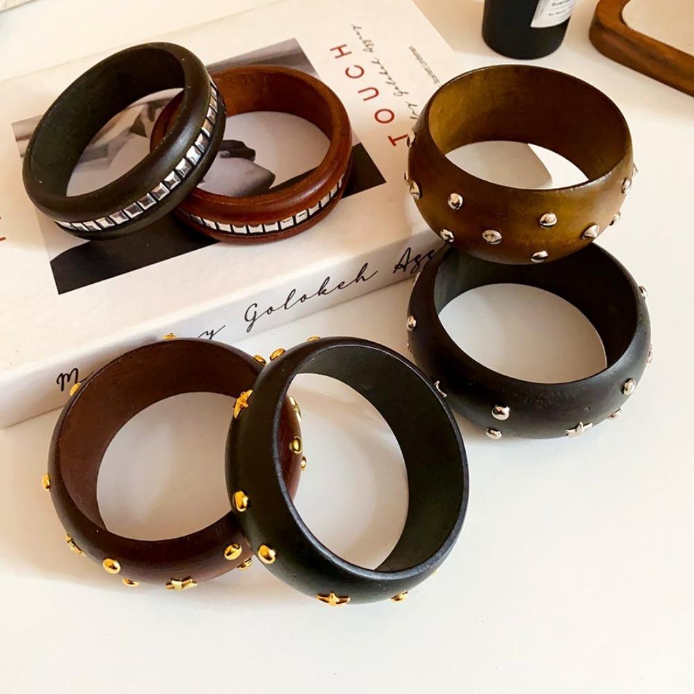 Chinese style Wooden Bracelet Wide Rivets Bangle Simple Round Bracelet  Party