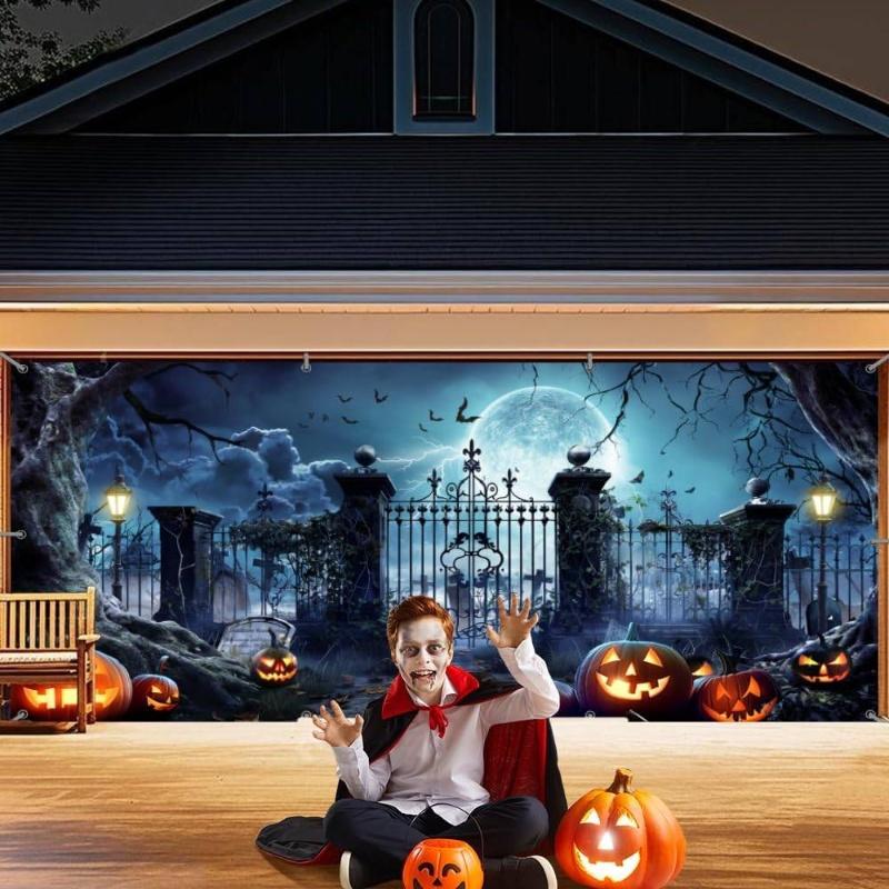 Halloween garage door decoration, Halloween full moon terrifying night door cover, Halloween cemetery eerie bat cemetery