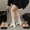 Xiaoxiangfeng Mary Jane Shoes Women'S One-Word Beaded Buckle High Heels~ Skirt Socks Wear 7Cm Small Leather Shoes