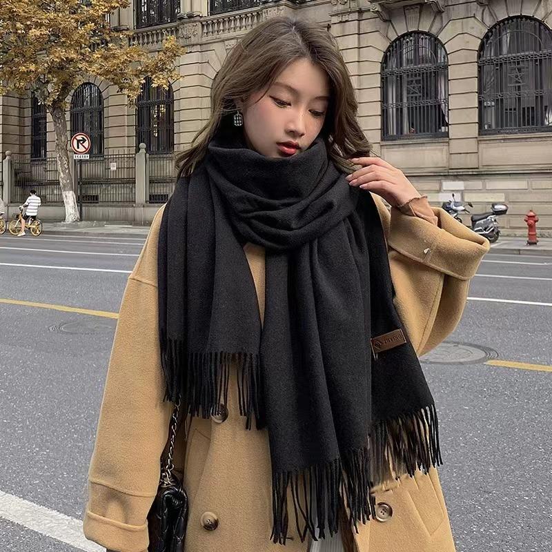 Winter Scarf Women Luxury Autumn Winter Cashmere Scarf Thickened Warm Shawl Classic Tassels Fluffy Scarf Solid Color Soft Shawl