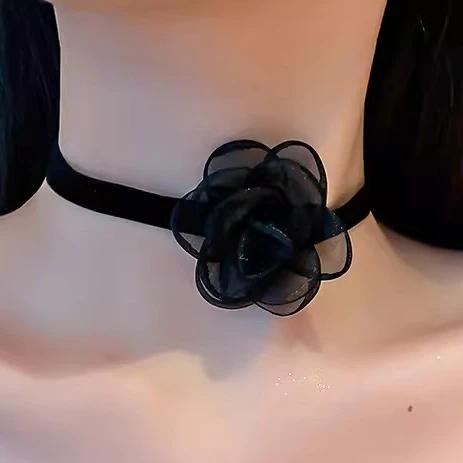 Lady Elegant Mesh Flower Necklace Women Comfortable Red Black Neck Ornaments Girls Lightweight Rose Necklace Party Gift Giving