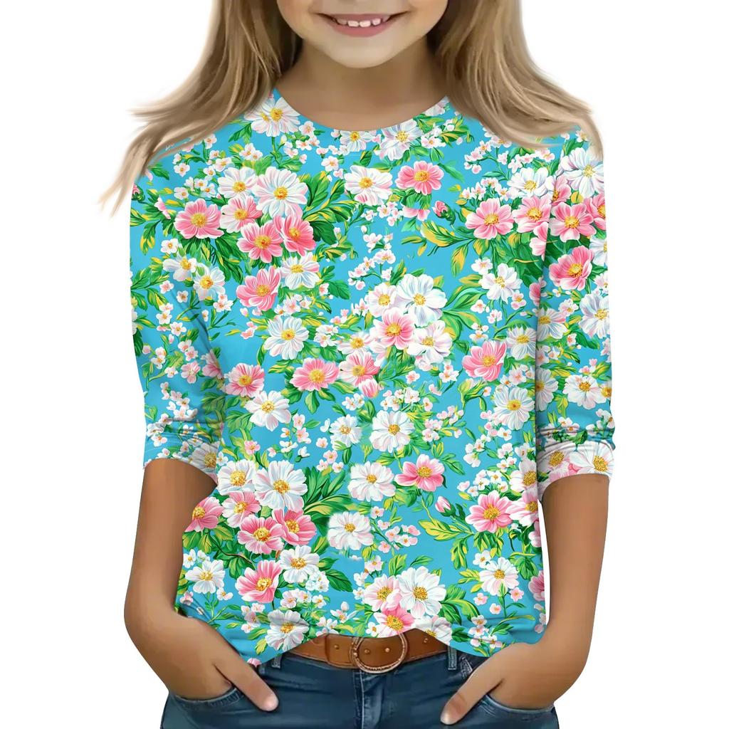 Print Tops For Youth Girls 5-16 Years Round Neck 3/4 Sleeves T-Shirts Trendy Tops Outfit Tees