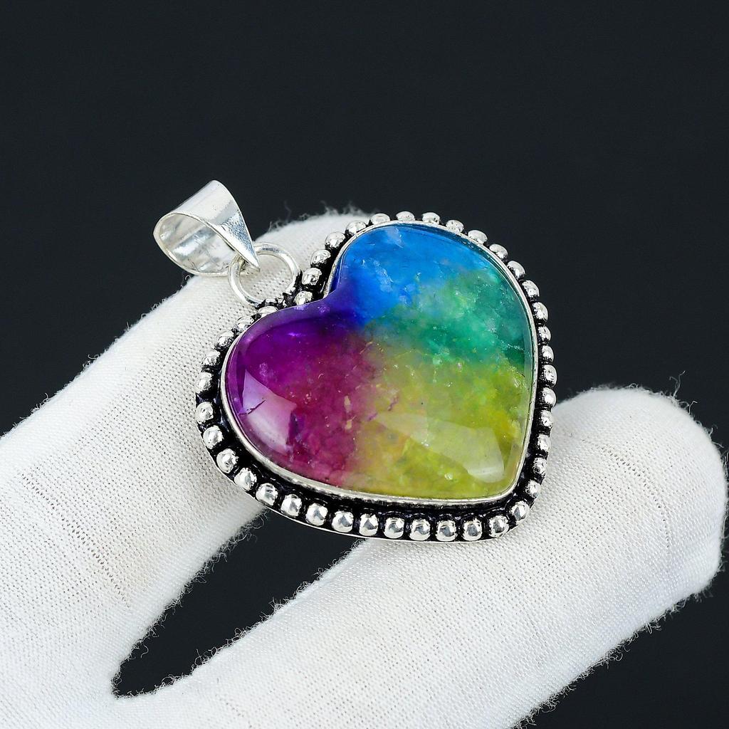 Heart Shape Rainbow Solar Quartz Gemstone Handmade Pendant, 925 Sterling Silver Pendant, Natural Rainbow Solar Pendant, Jewelry For Gift