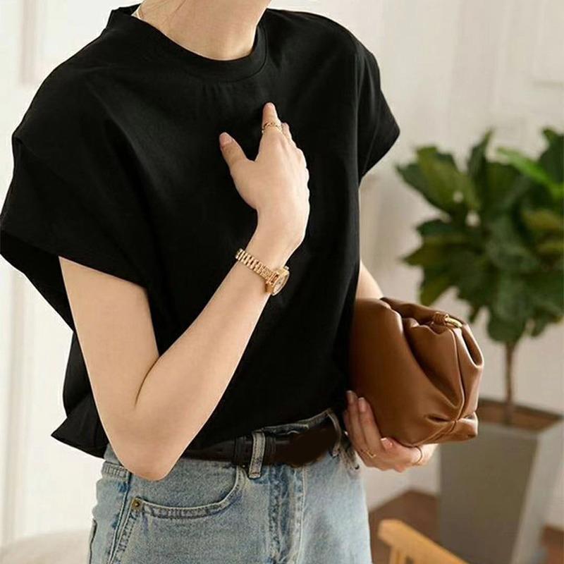 Летняя свободная повседневная женская футболка, модные новые однотонные простые футболки с рукавами «летучая мышь», женские простые офисные блузки с круглым вырезом, футболки для женщин, женская одежда