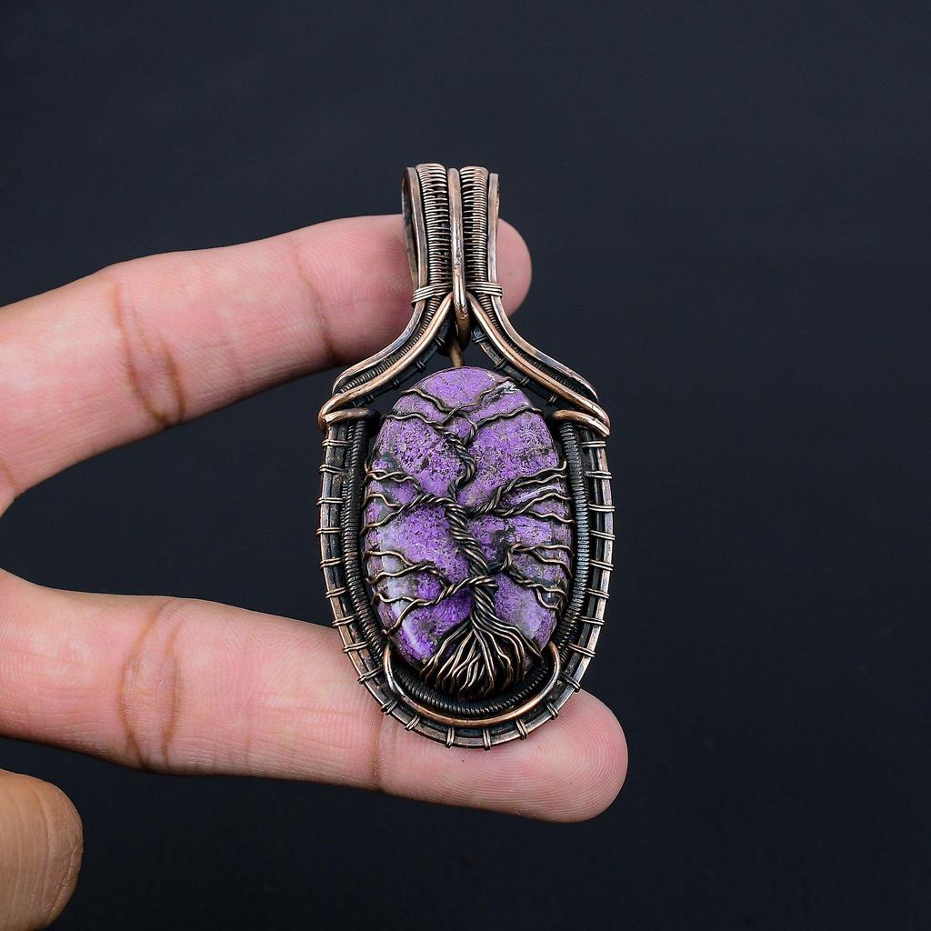 Tree Of Life Purpurite Gemstone Pendant Pure Copper Wire Wrapped Handmade Jewelry