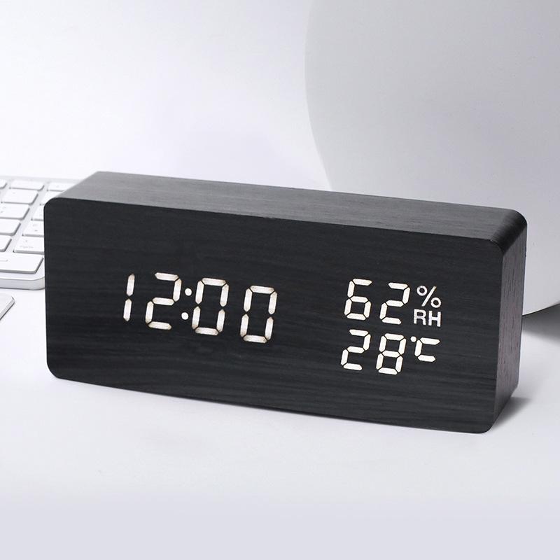 Intelligent Voice Controlled Temperature and Humidity Meter Wooden Clock Triangle Electronic Digital Clock Wooden Temperature and Humidity Alarm Clock