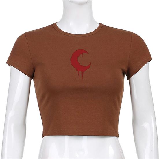 Sun Moon Print Crop Top Y2k Dark Streetwear Punk Short Sleeve Tees Young Gothic Women's T-shirt Graphic T-shirt Harajuku Corset