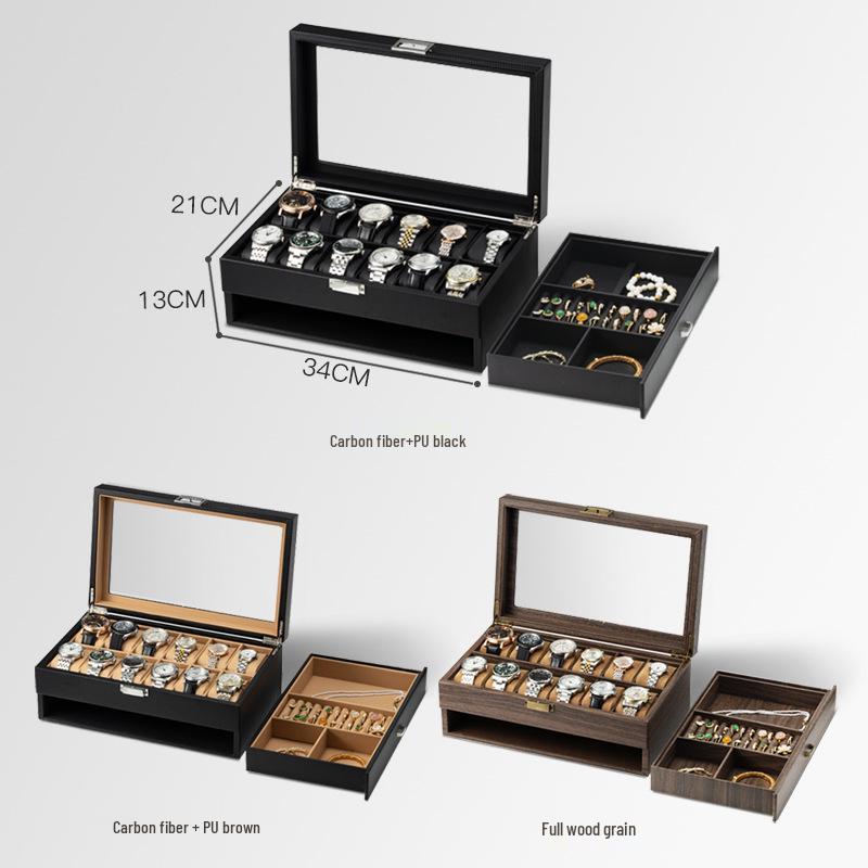 Двухслойная коробка для демонстрации часов и ювелирных изделий из углеродного волокна и ПУ