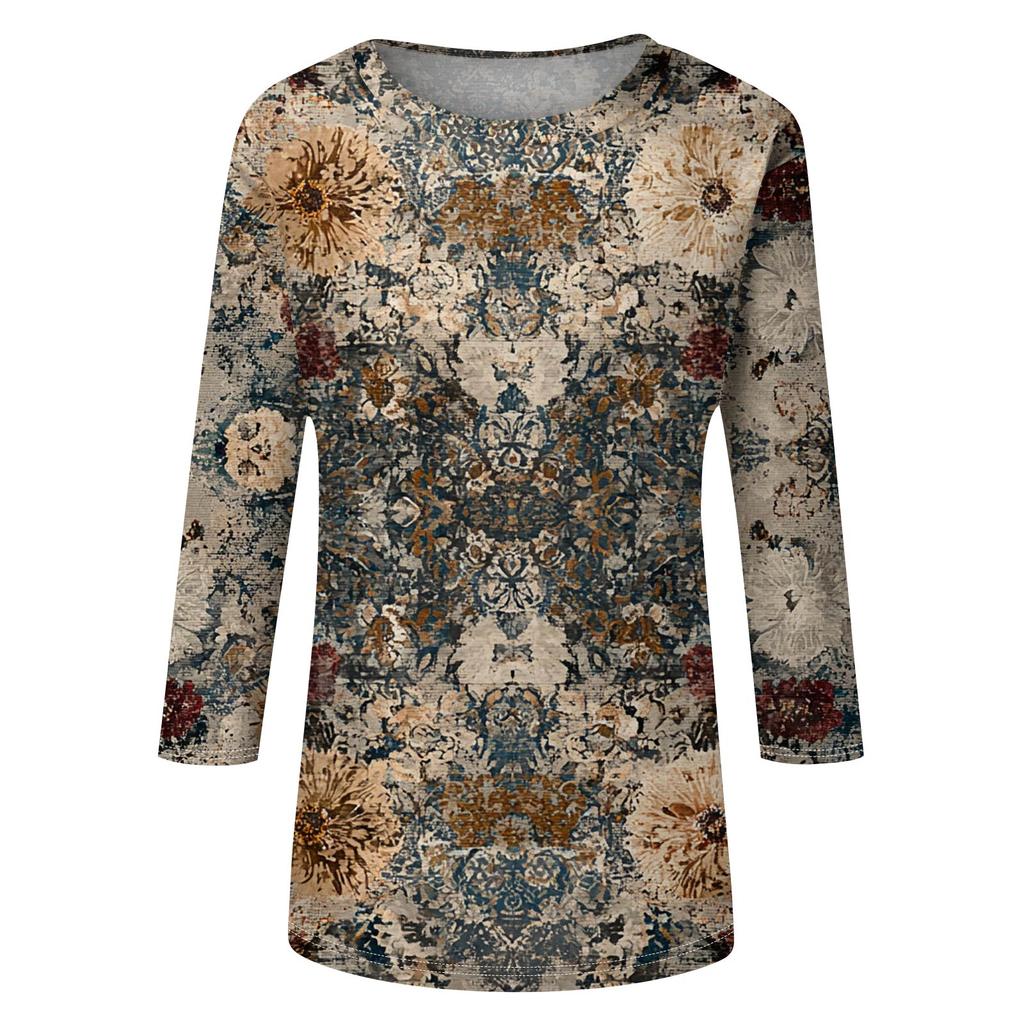 Trendy Vintage 3/4 Sleeve Top For Women,Ladies Casual Three Quarter Sleeve Round Collar Printed T-Shirt Blouse