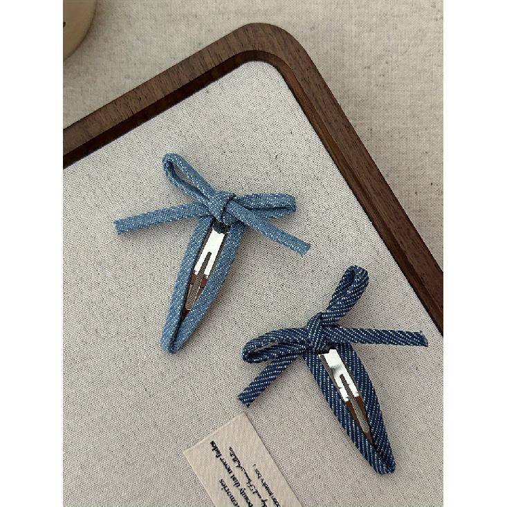 2PCS Women'S New Korean Denim Cute Bow Pop Clip Hair Clip With Sweet Bangs Hair Clip Hair Accessories