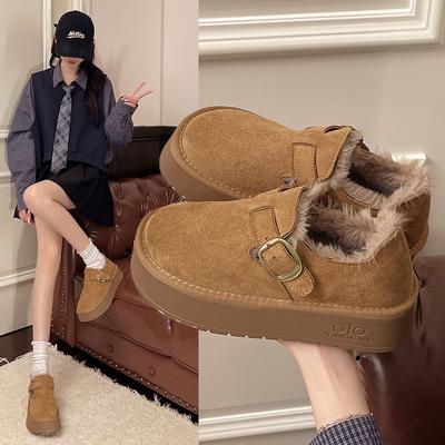 Кожаные толстоподошвенные бархатные утепленные женские зимние новые женские туфли теплые большие хлопковые туфли сноубутсы