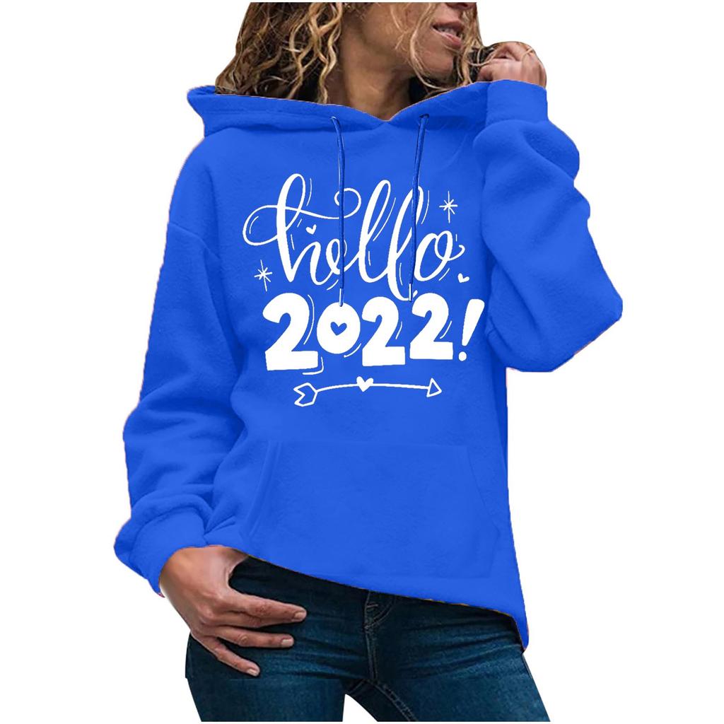 Women's Fashion Casual New Year Print Hooded Sweatshirt Loose Sports Pullover
