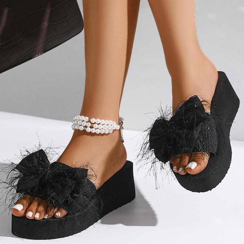 Fashion Women's New Bow Knot Round Toe Slippers Fashion Thick Bottom Wedge Slides Female Vacation Beach Comfort Black Slippers Mujer