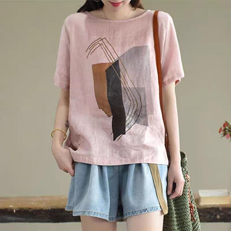 Хлопковые и льняные футболки, женская модная винтажная футболка с художественным принтом, повседневные свободные топы с круглым вырезом и короткими рукавами, летняя трендовая тонкая футболка