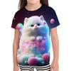 Cute Fluffy Cat Cartoon Fashion 3D Short-Sleeve T-Shirt for Kids, Beautiful Summer Girl's Versatile Colorful Top