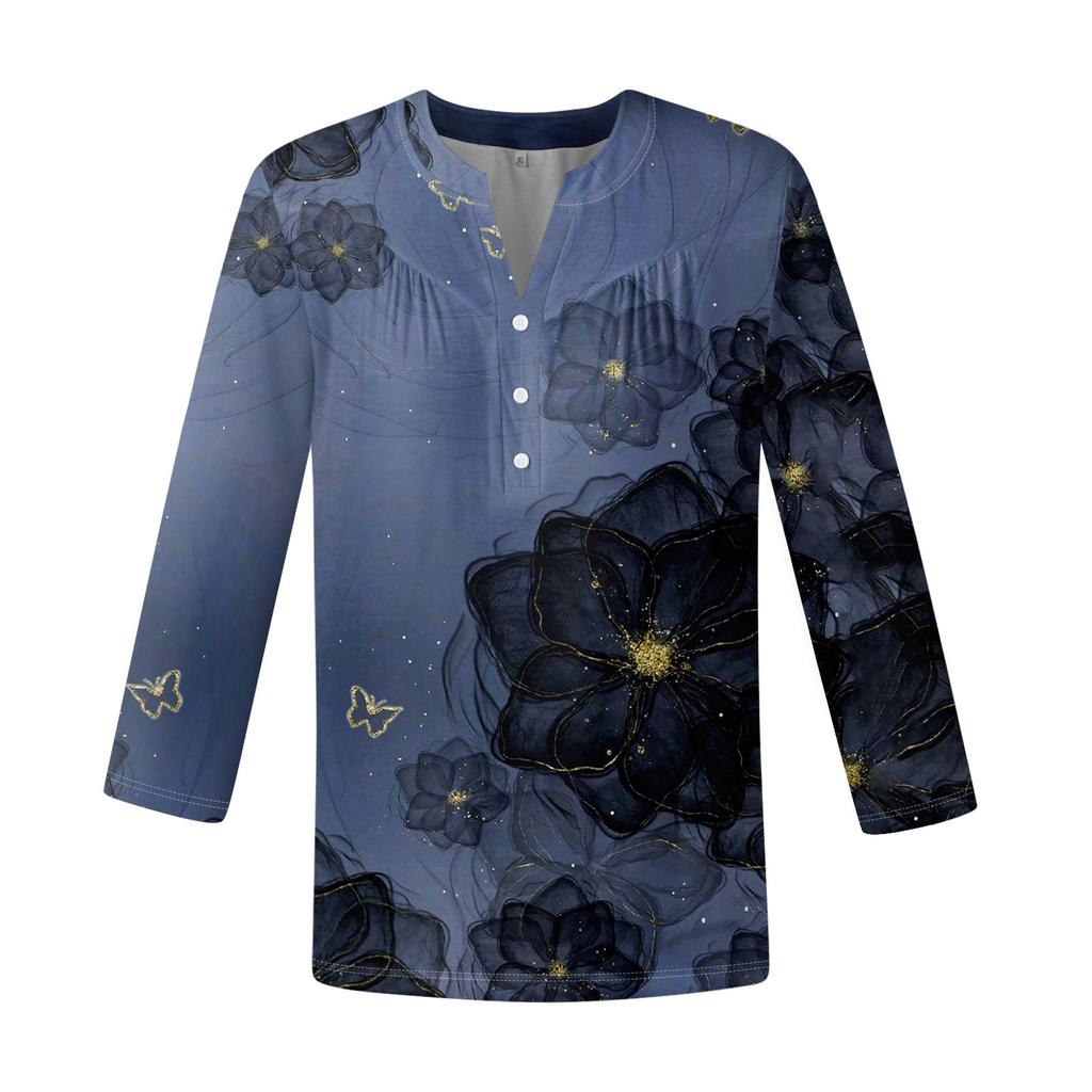 Женская мода повседневный топ с длинным рукавом и круглым вырезом с цветочным принтом