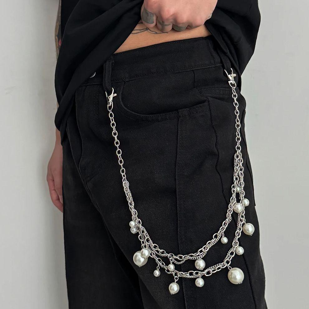 Salircon Punk Metal Imitation Pearl Pants Chain Men 2026 Trendy Silver Color Handmade Bead Jeans Waist Chain Jewelry Accessories