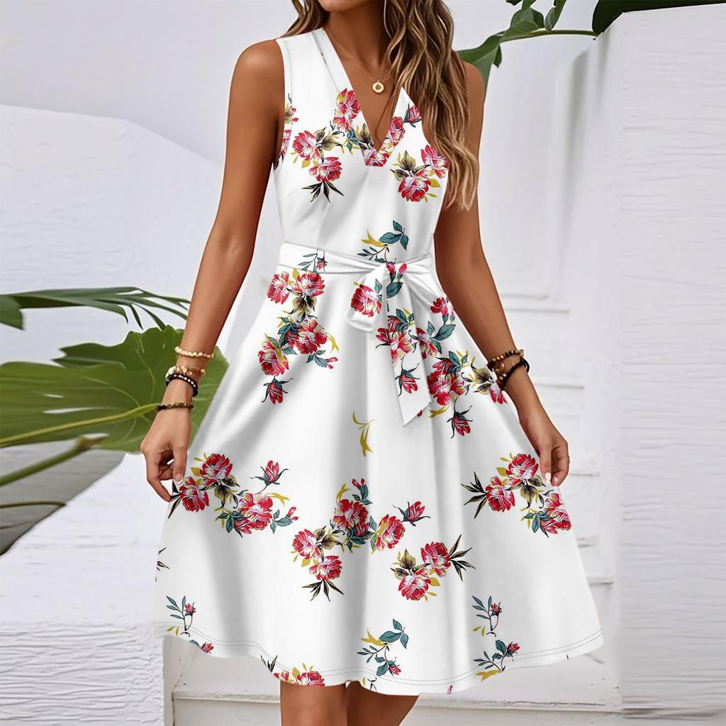 Women's Spring And Summer Casual V-Neck Sleeveless Waist Floral Print Midi Dress