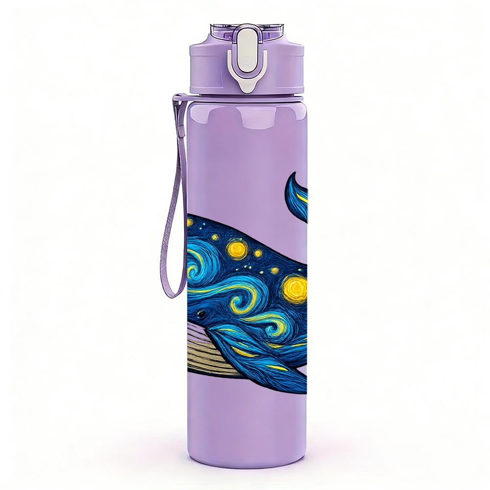 1PC Blue Patterned Whale Art 750ml Color Plastic Sports Water Bottle Leakproof Flip Straw Lid Suitable for Sports Office Home Use