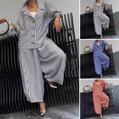 Женский повседневный костюм, рубашка с длинными рукавами, топ, широкие шаровары, комплект из 2 предметов, осенние полосатые брюки с отворотами, женский костюм