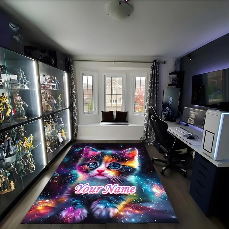 1PC Custom Name Cosmic Cat Dreamscape Theme Floor Mat Ideal for Living Room, Game Rooms, Office, Bedroom, Office Floor Mat , Floor Mats for Home