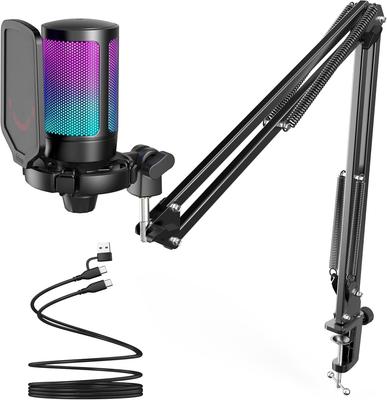 Конденсаторный USB-микрофон FIFINE с RGB, кардиоидный, с разъемом для USB-кабеля. Идеально подходит для озвучки, прямых трансляций, веба. Совместим с набором микрофонов AmpliGame A6T