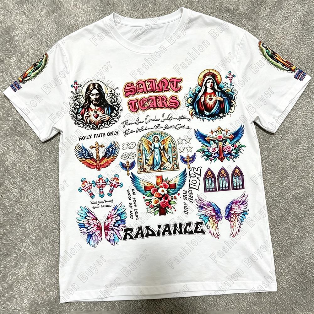 Retrostyle Virgin Mary and Jesus Graphic Print TShirt Unisex Shortsleeved Harajuku Street YK Casual Fashion Tops Cloths