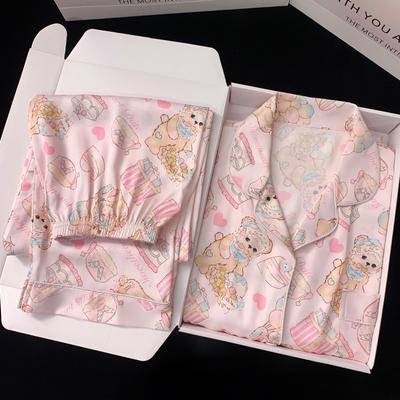 Весенние и осенние модели пижам для дома, костюм Pure Desire Wind Bear Cartoon Printing Girls Ice Silk Pijama Homewear