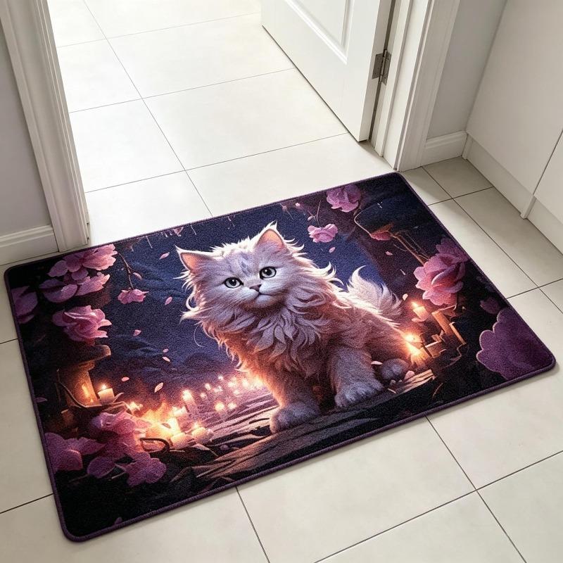 Purple Fluffy Cat With Headphones Fantasy Galaxy Rose Print Doormat Non Slip Entrance Floor Mat Cute Pet Front Door Home Decor Rug