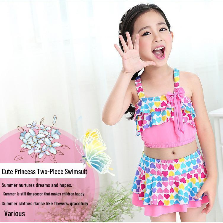 Девочкин раздельный купальник: Детский принцессный стиль с платьем и брюками, доступен в размерах S, M и L