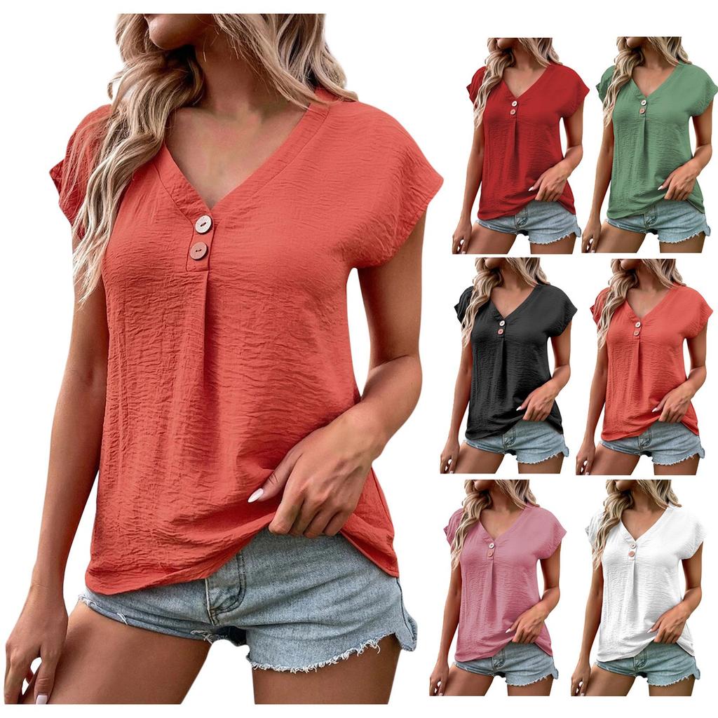 Casual Loose Women Short-Sleeved V-neck Button Pullover Solid Color T-shirt Top