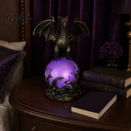 Resin Dragon Sculpture Statue with Ball, Dark Style Figurine, USB Powered Desktop Ball Lamp Ornaments, Fantasy Gift for Men & Lovers Mythical Creature