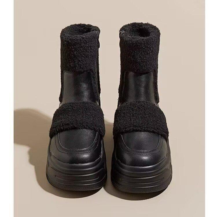 Женские зимние ботинки на толстой подошве с внутренней платформой, увеличивающей рост, 2025 осень, новые универсальные повседневные бархатные теплые маленькие короткие ботинки для женщин