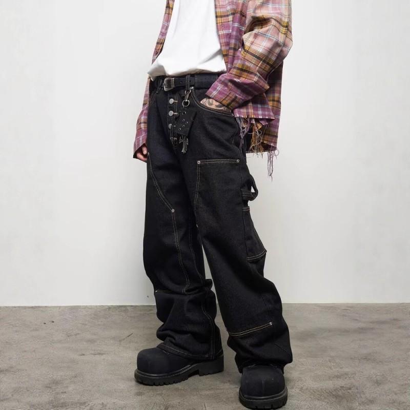 Vintage Washed Distressed Lumberjack Style Denim Pants Men Women Wide Leg Loose Fit Straight Cut