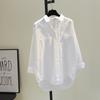 White Korean Style Women's Shirt 2024 Spring/Autumn - Double Pocket, Short Front, Long Back, Loose Fit Slim Casual Trend