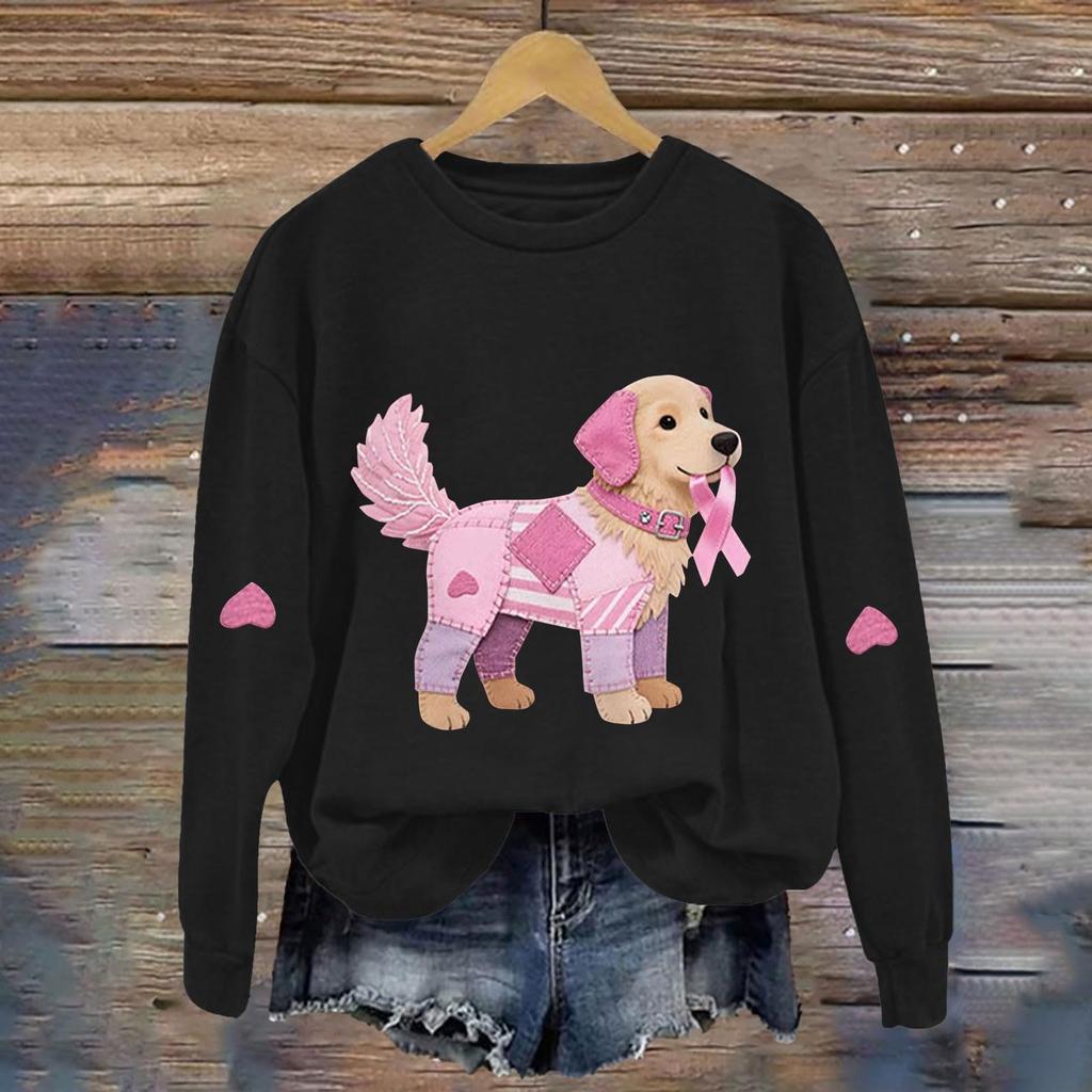 Breast  Sweatshirts For WomenRibbon Breast  Shirt Cute Dog Graphic  Long Sleeve Tops