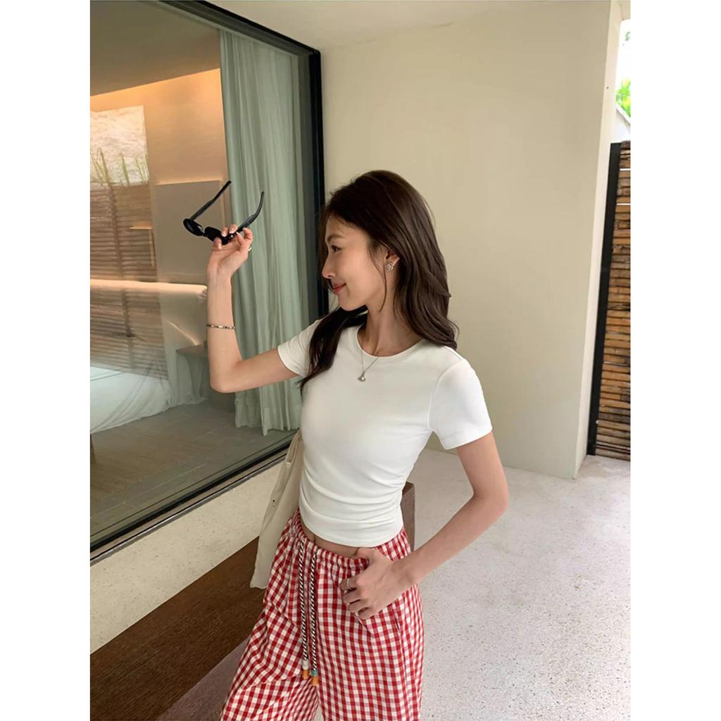 Craftsman's basic solid-color short-sleeved T-shirt for women's summer new Korean slim-fitting and thin stacked bottoming top