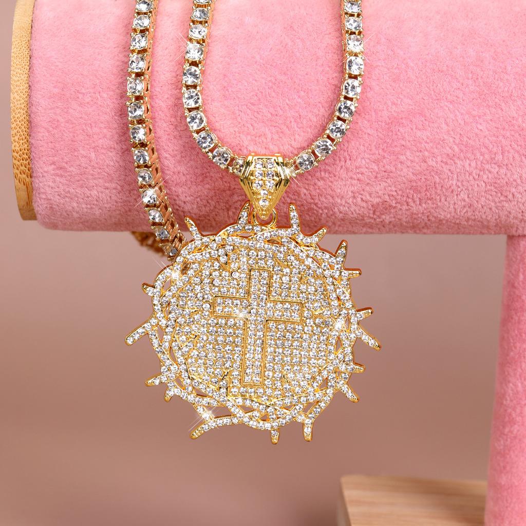 Factory Straight Hair New Thorn Cross Necklace Zinc Alloy Rhinestone Full diamond Pendant Necklace