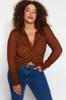 Women's Plus Size Blouse Brown Fitted Gathered Knitted Shirt