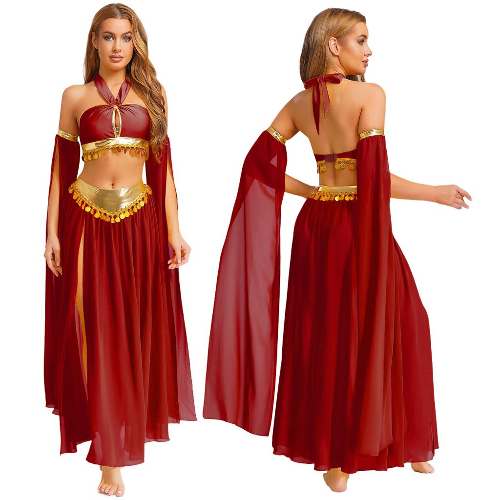 Women's Belly Dance Costume Set: Self-Tie Halter Crop Top with Built-In Briefs & Side Slit Chiffon Skirt + Removable Split Sleeves