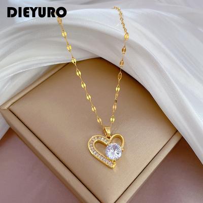 DIEYURO 316L Нержавеющая сталь Асимметричное сердце Циркон Подвеска Ожерелье Для женщин Новая роскошь Девушки Цепочка на ключицу Циркон Подарки