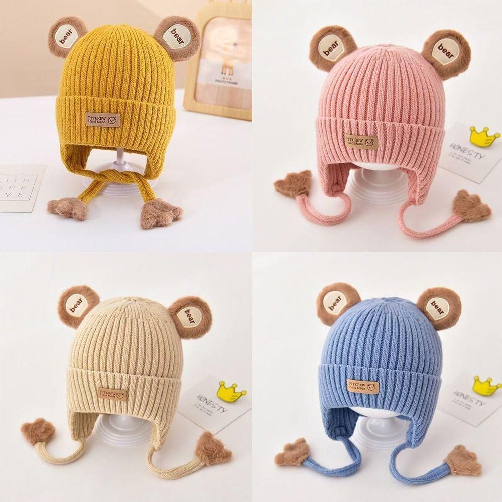 Милый дизайн с мишкой Шапка-бини для малышей Хлопковая подкладка Зимняя теплая вязаная шапка для младенцев Одежда для малышей