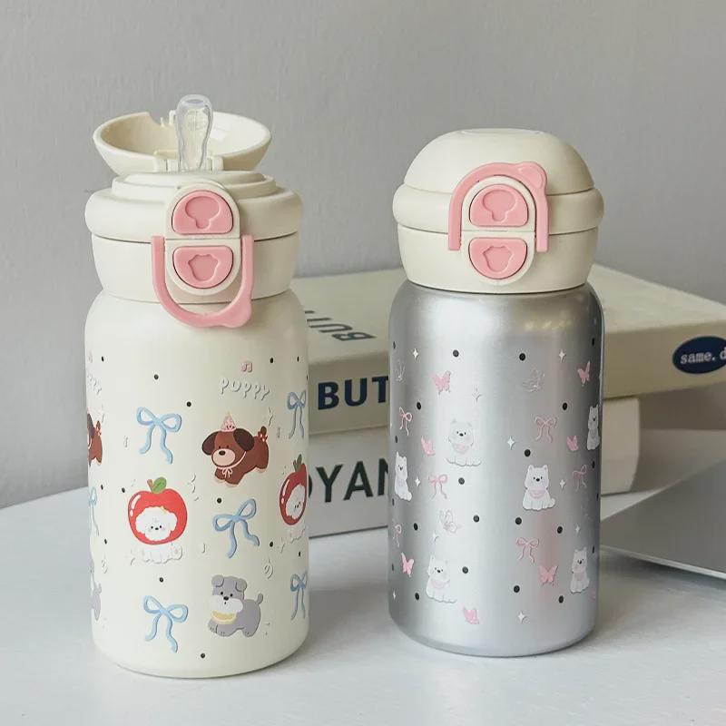 Cute Cartoon Print Double Drink Stainless Steel Thermos Cup with Straw - Portable Pop-Up Cup for Girls and Students