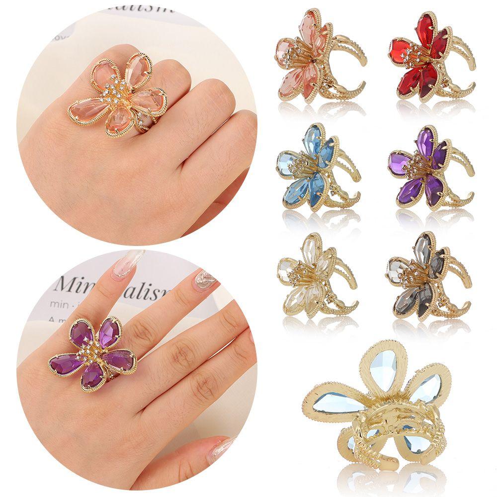 Shine Luxury Single Rhinestone Flower Big Flower Crystal Ring Open Adjustable Fairy Ring