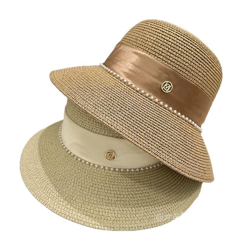 Straw Hat Elegant Women's M Standard Pearl Bowler Hat Light Bucket Hat Wide Brim Sunshade Straw Hat