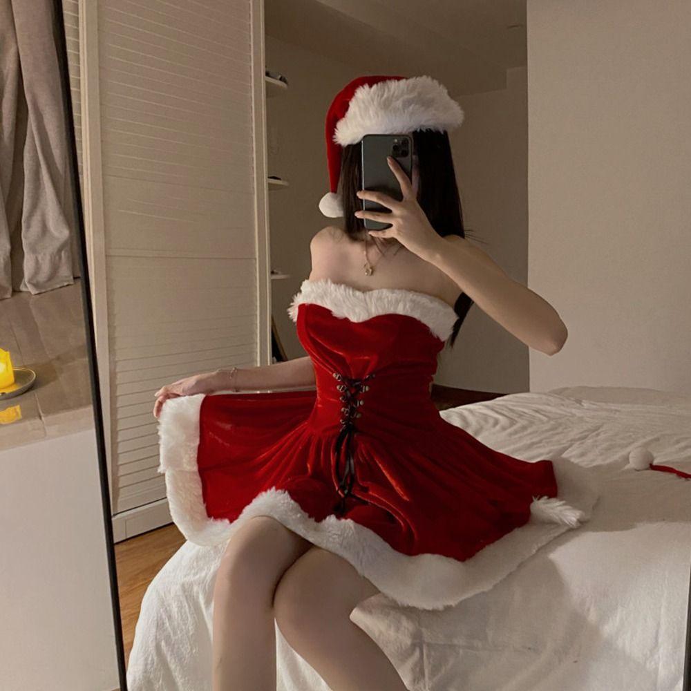 Red Velvet Santa Claus Coat Favor Cosplay Costumes Fashion Claus Dress for Women